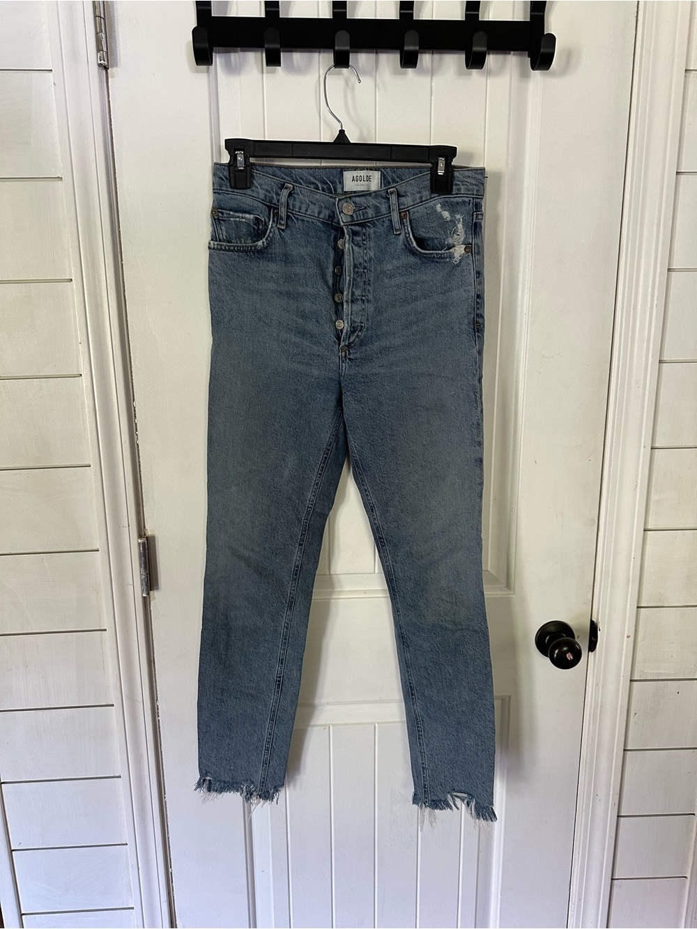 AGOLDE Nico High Rise Slim Jeans Button Fly Raw Hem Rooted Wash